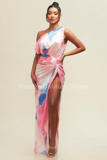 Obsessed One Shoulder Drape Maxi Dress (Pink/Blue) - Palazzo Couture Online