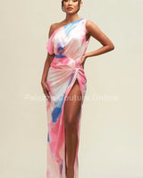 Obsessed One Shoulder Drape Maxi Dress (Pink/Blue) close up detail of one shoulder design and fabric