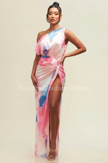 Obsessed One Shoulder Drape Maxi Dress (Pink/Blue) close up detail of one shoulder design and fabric