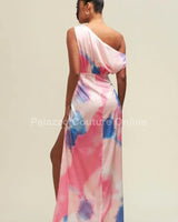 Obsessed One Shoulder Drape Maxi Dress (Pink/Blue) side view highlighting floor-length hemline