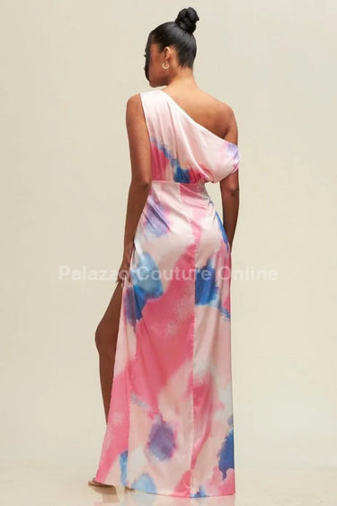 Obsessed One Shoulder Drape Maxi Dress (Pink/Blue) side view highlighting floor-length hemline