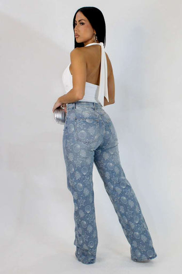 Ocean Glow Printed Flare Jeans - Palazzo Couture Online