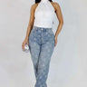 Ocean Glow Printed Flare Jeans front view showing jeans fit and silhouette