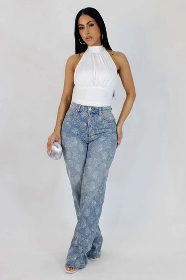 Ocean Glow Printed Flare Jeans front view showing jeans fit and silhouette