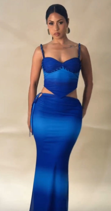 Ocean Mirage Two - Piece Skirt Set - Blue - Palazzo Couture Online