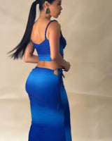 Ocean Mirage Two-Piece Skirt Set- Blue close up of matching top design and fabric