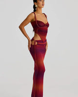 Ocean Mirage Two-Piece Skirt Set- Sunset close up of matching top design and fabric
