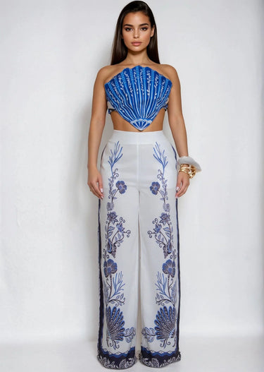 Ocean Muse Shell Pant Set- Blueshell close up of matching top design and fabric detail