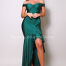 Off-shoulder ruffled maxi dress in green with twist-front design