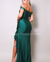 Green formal gown – off-shoulder ruffled maxi dress with fluid silhouette