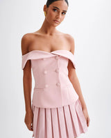Off-Shoulder Grace Pleated Skirt Set front view showing complete two piece skirt set