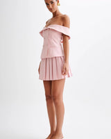 Off-Shoulder Grace Pleated Skirt Set close up of off-shoulder top design and fabric
