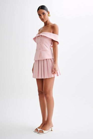 Off-Shoulder Grace Pleated Skirt Set close up of off-shoulder top design and fabric