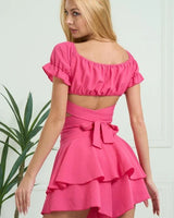 Women's  short set off shoulder style back view