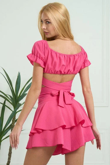 Women's  short set off shoulder style back view