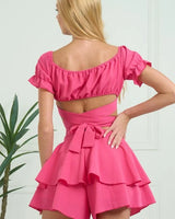 Off Shoulder in Cap Sleeve & Waist Shorts Set side view showing shorts fit and silhouette
