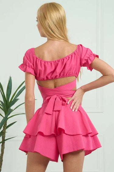 Off Shoulder in Cap Sleeve & Waist Shorts Set side view showing shorts fit and silhouette