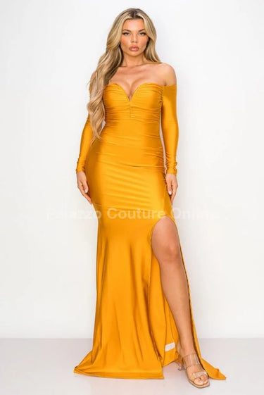 Women's Mustard maxi dress off shoulder style back view