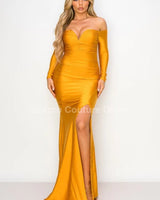 Off shoulder Long Sleeve Wire Bra Sweetheart Maxi Dress (Mustard) front view showing full-length maxi silhouette