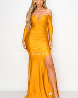 Off shoulder Long Sleeve Wire Bra Sweetheart Maxi Dress (Mustard) - Palazzo Couture Online