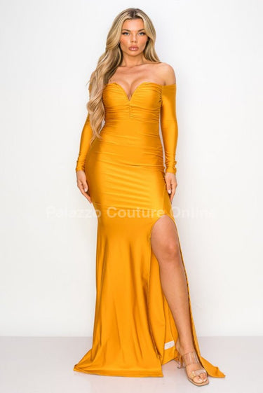 Off shoulder Long Sleeve Wire Bra Sweetheart Maxi Dress (Mustard) - Palazzo Couture Online