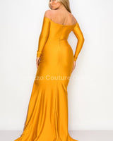 Off shoulder Long Sleeve Wire Bra Sweetheart Maxi Dress (Mustard) - Palazzo Couture Online