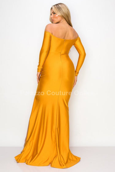 Off shoulder Long Sleeve Wire Bra Sweetheart Maxi Dress (Mustard) - Palazzo Couture Online