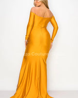 Off shoulder Long Sleeve Wire Bra Sweetheart Maxi Dress (Mustard) side view highlighting floor-length hemline
