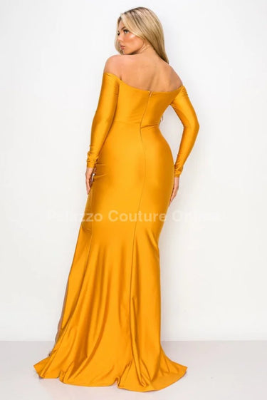 Off shoulder Long Sleeve Wire Bra Sweetheart Maxi Dress (Mustard) side view highlighting floor-length hemline