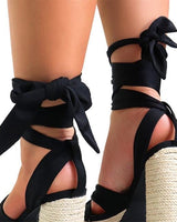 High heel black platform wrap sandals styled with ankle ribbons Wrap Sandals Black