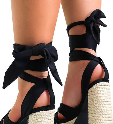 High heel black platform wrap sandals styled with ankle ribbons Wrap Sandals Black