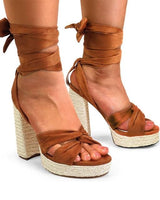 Tan wrap sandals with ankle tie and block heel – perfect for summer outfits