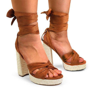 Tan wrap sandals with ankle tie and block heel – perfect for summer outfits