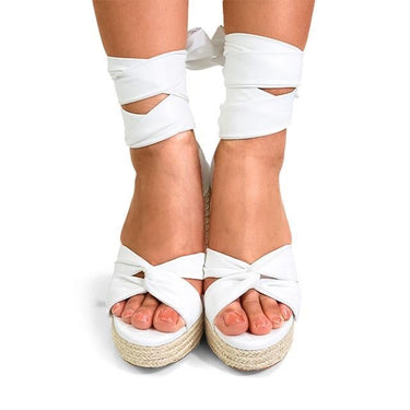 White wrap sandals with ankle tie and block heel – elegant heels for women