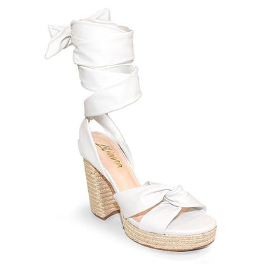 Strappy white sandals for women with ribbon wrap detail – bridal or summer look