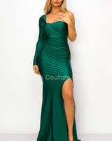 One Off shoulder Long Sleeve Slit Maxi Dress( Hunter Green) close up detail of off shoulder design and fabric