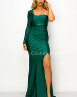 One Off shoulder Long Sleeve Slit Maxi Dress( Hunter Green) front view showing full-length maxi silhouette