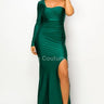 One Off shoulder Long Sleeve Slit Maxi Dress( Hunter Green) front view showing full-length maxi silhouette