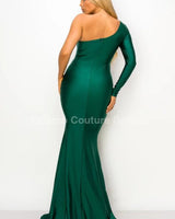 One Off shoulder Long Sleeve Slit Maxi Dress( Hunter Green) side view highlighting floor-length hemline