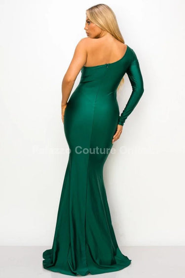 One Off shoulder Long Sleeve Slit Maxi Dress( Hunter Green) side view highlighting floor-length hemline