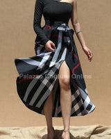 One Shoulder Plaid Skirt Maxi Dress With Tie ( Black) - Palazzo Couture Online