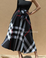 One Shoulder Plaid Skirt Maxi Dress With Tie ( Black) - Palazzo Couture Online