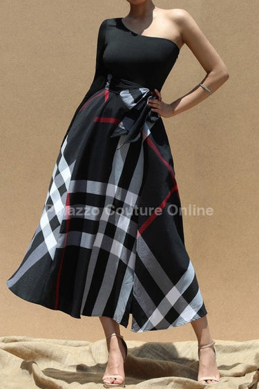 One Shoulder Plaid Skirt Maxi Dress With Tie ( Black) - Palazzo Couture Online