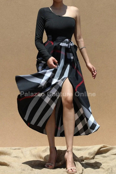 Women's Black maxi dress one shoulder style back view