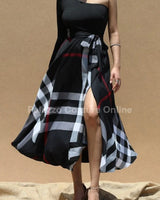 One Shoulder Plaid Skirt Maxi Dress With Tie ( Black) close up detail of one shoulder design and fabric