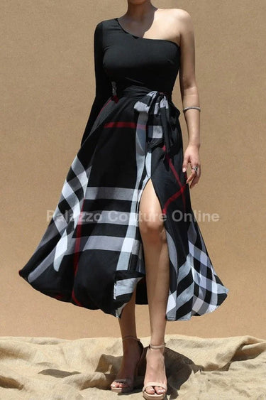 One Shoulder Plaid Skirt Maxi Dress With Tie ( Black) close up detail of one shoulder design and fabric