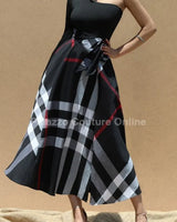 One Shoulder Plaid Skirt Maxi Dress With Tie ( Black) front view showing full-length maxi silhouette
