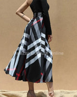 One Shoulder Plaid Skirt Maxi Dress With Tie ( Black) side view highlighting floor-length hemline