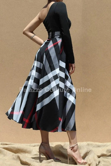 One Shoulder Plaid Skirt Maxi Dress With Tie ( Black) side view highlighting floor-length hemline