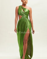 One Shoulder Pleated Gown Maxi Dress (Moss) - Palazzo Couture Online